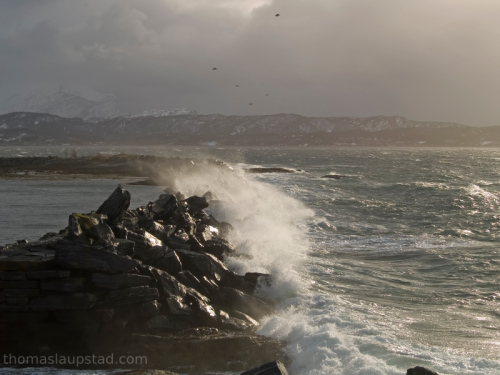 Bilder av svære bølger som slår inn over molo i Nord Norge
